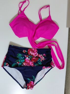 New SIZE L Women’s Pink Floral High-Waist Bikini Set